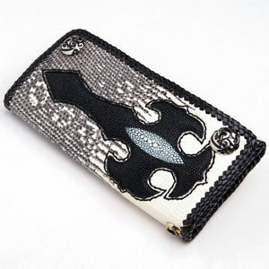 Stingray Cross & Gray Lizard Long Biker Wallet showing the cross front and paired snaps from the left.