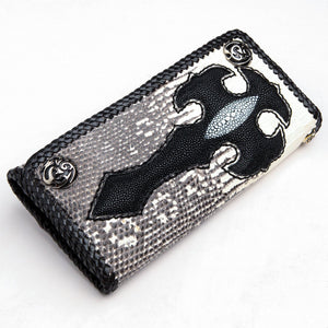 Stingray Cross & Gray Lizard Long Biker Wallet showing the cross front and braided trim from the right.