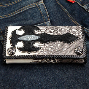 Stingray Cross & Gray Lizard Long Biker Wallet showing the broad cross and two snaps across the horizontal front.