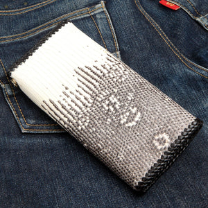 Stingray Cross & Gray Lizard Long Biker Wallet showing the grey lizard rear panel and black braided border.