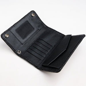 Stingray Cross & Gray Lizard Long Biker Wallet showing the ID window, card rows and bill compartments inside.