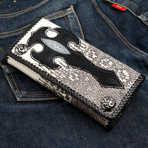 Stingray Cross & Gray Lizard Long Biker Wallet showing the long stingray cross panel and gray lizard exterior.