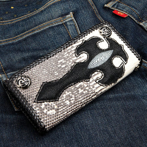 Stingray Cross & Gray Lizard Long Biker Wallet showing the grey leather front and black cross from the opposite side.