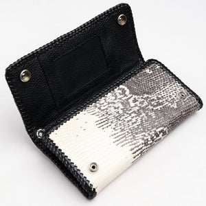 Stingray Cross & Gray Lizard Long Biker Wallet showing the front flap opened to show the snap backs.