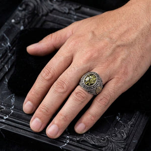 Green Amber Mexican Skull Sterling Silver Ring worn on the hand