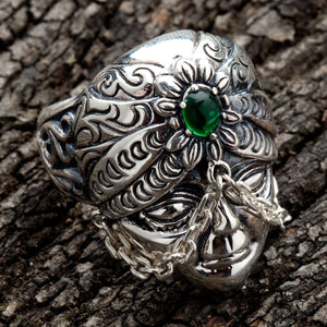 Green CZ Tribal Face Sterling Silver Ring. Green forehead top.