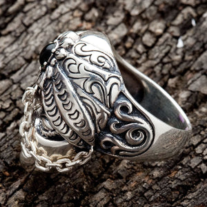 Green CZ Tribal Face Sterling Silver Ring. Scroll left chain detail.
