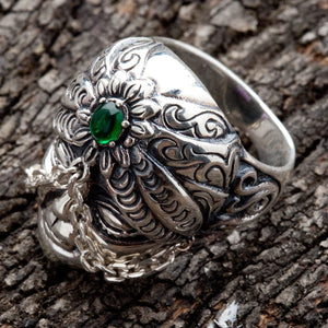 Green CZ Tribal Face Sterling Silver Ring. Scroll right shoulder.
