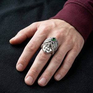 Green CZ Tribal Face Sterling Silver Ring worn on an adult hand.