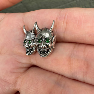 Green Eye Oni Mask Sterling Silver Stud Earrings, earring posts reverse