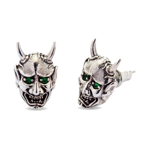 Green Eye Oni Mask Sterling Silver Stud Earrings, green eye oni pair front
