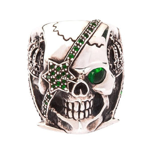Green-Eye Pirate Skull Sterling Silver Ring, skull front white