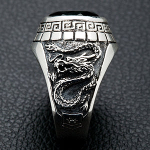 Green Stone Tiger and Dragon Sterling Silver Ring, dragon relief profile