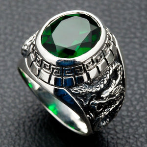 Green Stone Tiger and Dragon Sterling Silver Ring, green stone dragon shoulder