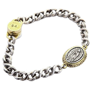 Guadalupe Silver and Brass Medallion Bracelet showing the Guadalupe medallion and screw clasp in a closed chain loop.