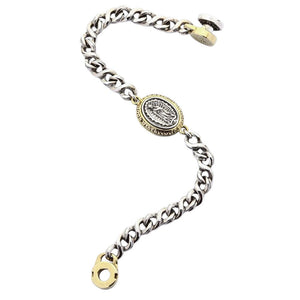 Guadalupe Silver and Brass Medallion Bracelet showing the open chain on either side of the oval medallion.