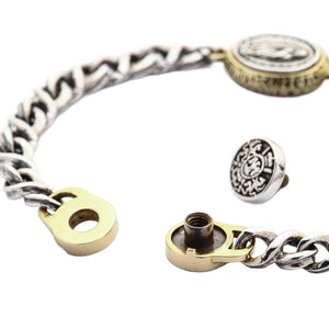 Guadalupe Silver and Brass Medallion Bracelet showing the separated screw cap and threaded clasp ends.