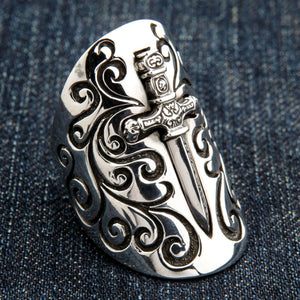 A handcrafted medieval dagger ring for men, forged from 32 grams of solid silver.
