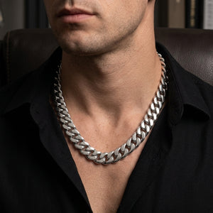 Heavy Cuban-Link Sterling Silver Necklace shown 15% larger with the clasp positioned at the back