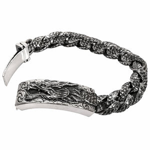 Heavy sterling silver dragon id bracelet — dragon head detail