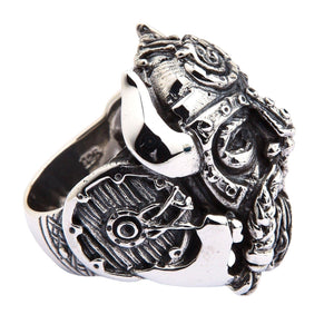 Horned Warrior and Shield Sterling Silver Ring shown in crossed weapons left view.