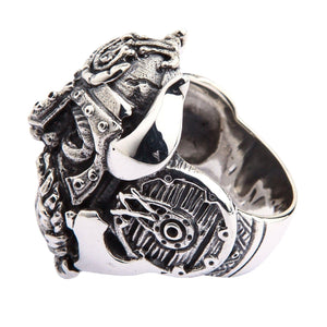 Horned Warrior and Shield Sterling Silver Ring shown in horn and shield right view.
