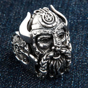 Horned Warrior and Shield Sterling Silver Ring shown in horned face oblique view.
