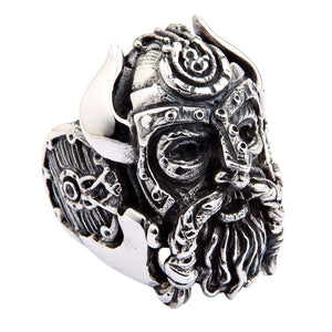 Horned Warrior and Shield Sterling Silver Ring shown in horned warrior front view.