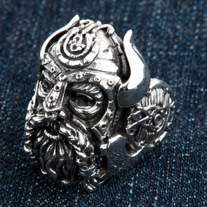 Horned Warrior and Shield Sterling Silver Ring shown in opposite shield angle view.