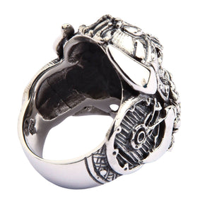 Horned Warrior and Shield Sterling Silver Ring shown in rear helmet angle view.