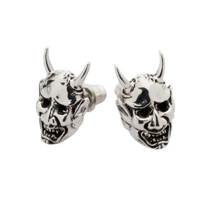 Horned Oni Mask Sterling Silver Stud Earrings, oni stud side angle