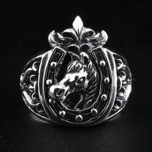Anillo de caballo y herradura en plata esterlina, frontal del anillo de caballo