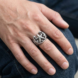 Horseshoe Star Sterling Silver Signet Ring, worn on the hand