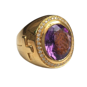 Natural Amethyst Gold-Plated Bishop Ring, angled front and cross