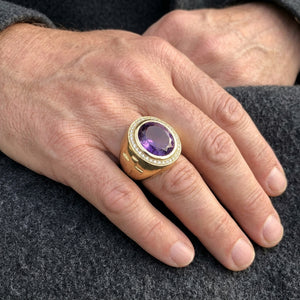 Natural Amethyst Gold-Plated Bishop Ring, worn on an adult model