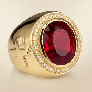 Synthetic Ruby Gold-Plated Bishop Ring, front red stone halo
