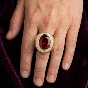 Synthetic Ruby Gold-Plated Bishop Ring, worn on an adult model