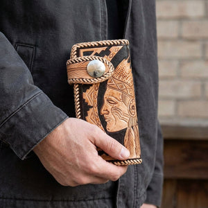 Indian Face Brown Leather Biker Wallet held in an adult hand