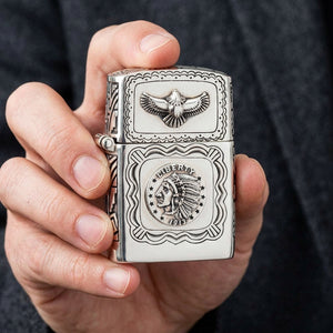 Indian Liberty Eagle Sterling Silver Lighter, held in an adult hand