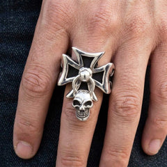 Iron Cross and Dangle Skull Sterling Silver Ring