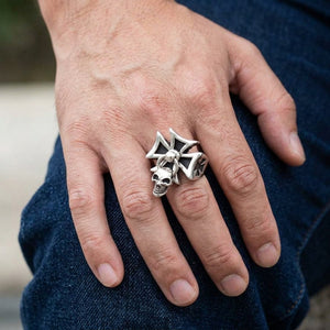 Iron Cross and Dangle Skull Sterling Silver Ring, worn on hand
