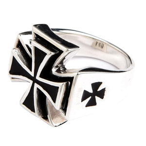 Iron Cross Sterling Silver Biker Ring, cross right shoulder
