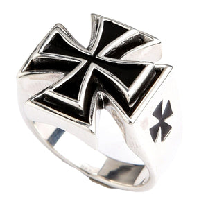 Iron Cross Sterling Silver Biker Ring, raised cross angle