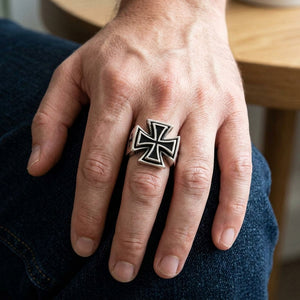 Iron Cross Sterling Silver Biker Ring, worn on hand