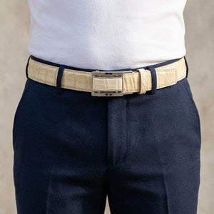 Ivory White Crocodile Leather Men's Belt worn at the waist