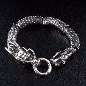 Japanese Dragon Sterling Silver Bracelet, dragon bracelet front on black