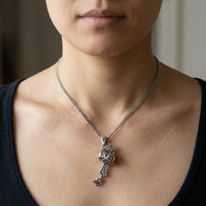 Japanese Gavel Sterling Silver Pendant, worn at the neck on an adult model; chain is styling context