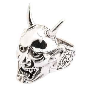 Japansk Oni-maskring i sterlingsilver, vy över graverad ringskena