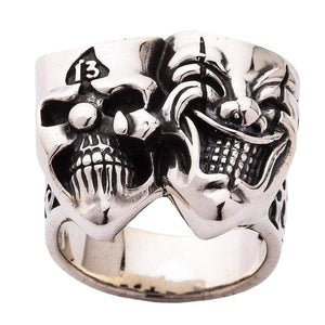 Joker and Clown Skull Sterling Silver Ring showing two faces front closeup