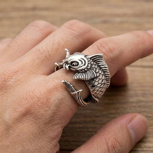 Koi Fish Adjustable Sterling Silver Ring worn on a hand